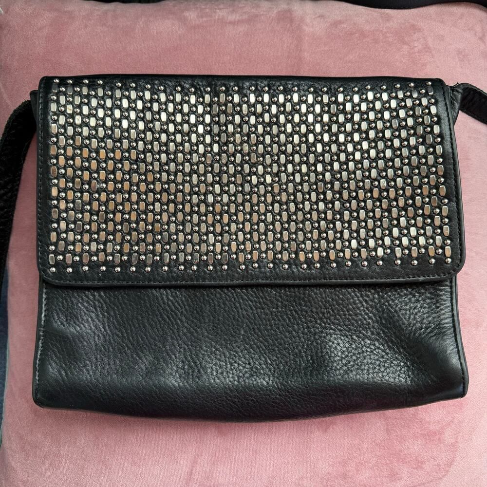 Calleen Cordero‎ Handmade Black Leather & Silver Studded Crossbody Messenger Bag